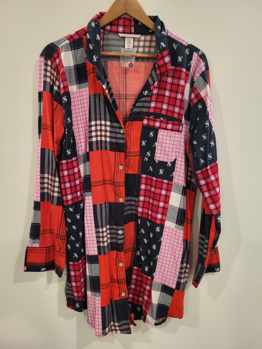 Victorias Secret Dreamer Patchwork Plaid Button-Up Sleep Shirt Red, Pink, Navy M